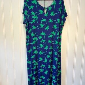 Quacker Factory Blue Dress with Green Palm Print